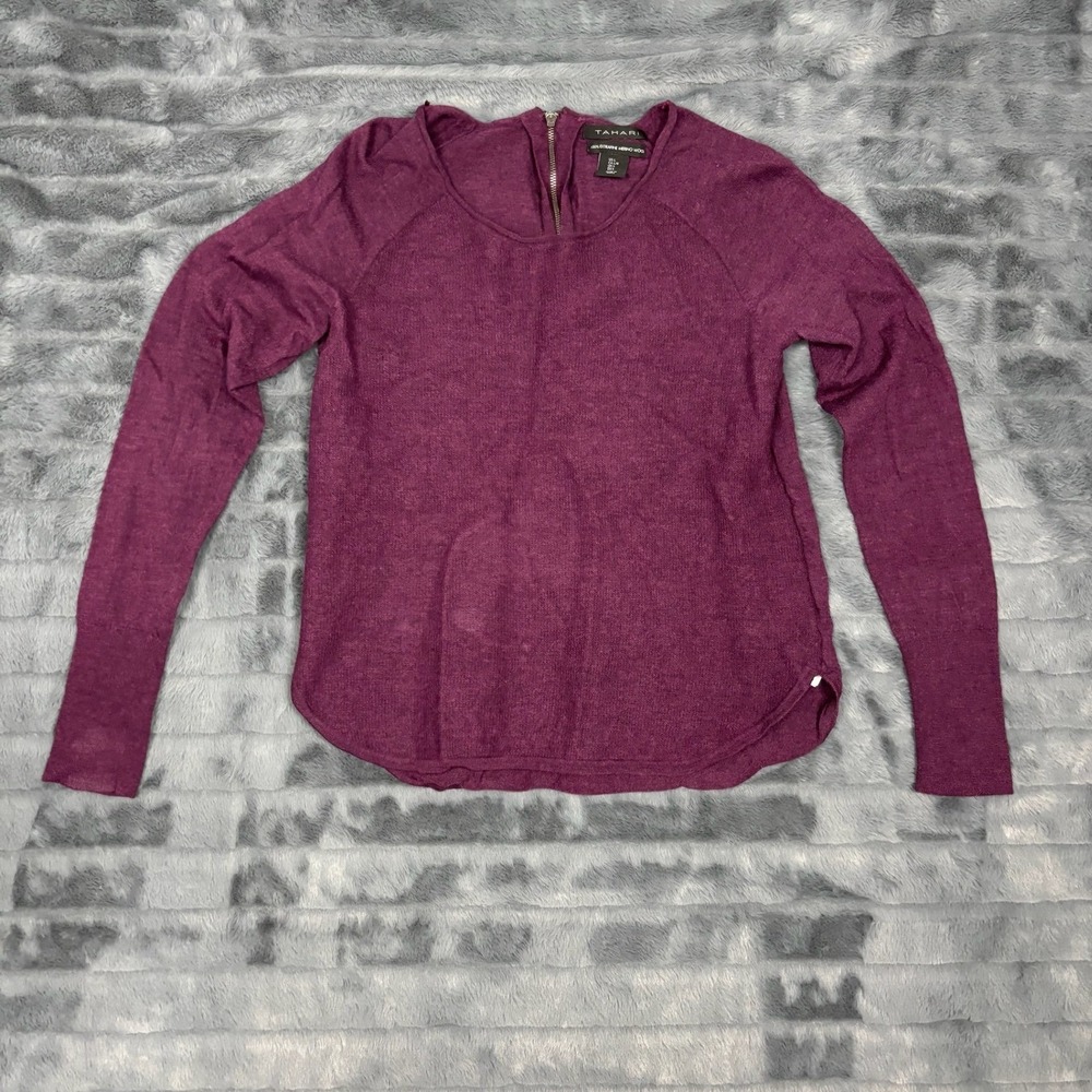 Tahari Womens Extra Fine Merino Wool Back Zip Sweater Plum Purple Large 7677
